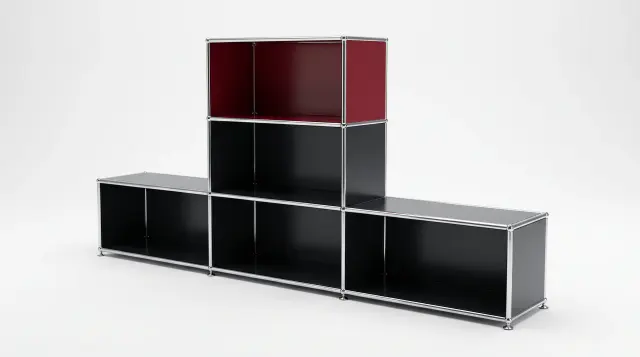 Sideboard in Graphite black (RAL 9011), compatible with USM Haller – 1500 × 700 × 350 mm, 4 compartments – photorealistic preview