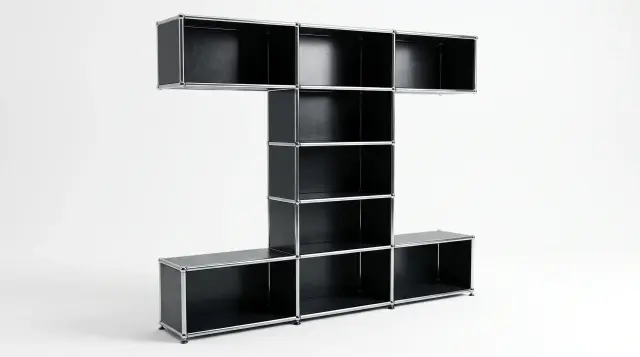 Shelving unit in Graphite black (RAL 9011), compatible with USM Haller – 2250 × 1750 × 350 mm, 9 compartments – photorealistic preview