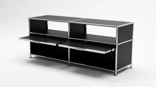 Sideboard in Graphitschwarz (RAL 9011), kompatibel mit USM Haller – 1500 × 550 × 395 mm, 4 Fächer, 2 Auszüge – fotorealistische Vorschau