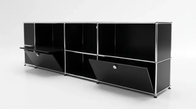 Sideboard in Graphite black (RAL 9011), compatible with USM Haller – 2000 × 600 × 350 mm, 6 compartments, 3 drop-down doors – photorealistic preview