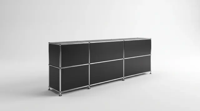 Sideboard in Graphite black (RAL 9011), compatible with USM Haller – 1750 × 875 × 350 mm, 9 compartments, 5 drop-down doors – photorealistic preview