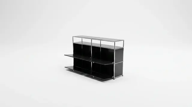 Sideboard in Graphite black (RAL 9011), compatible with USM Haller – 1500 × 875 × 350 mm, 6 compartments, 4 drop-down doors – photorealistic preview