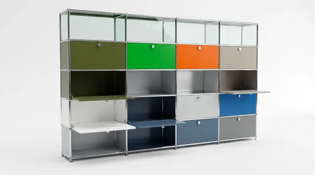 Regal in mehreren Farben, kompatibel mit USM Haller – 2750 × 1625 × 350 mm, 20 Fächer, 4 Klapptüren, 1 Auszug, mit Glas – fotorealistische Vorschau