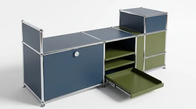 Sideboard in multiple colours, compatible with USM Haller – 1900 × 550 × 500 mm, 11 compartments, 2 drop-down doors, 1 pull-out shelf – photorealistic preview