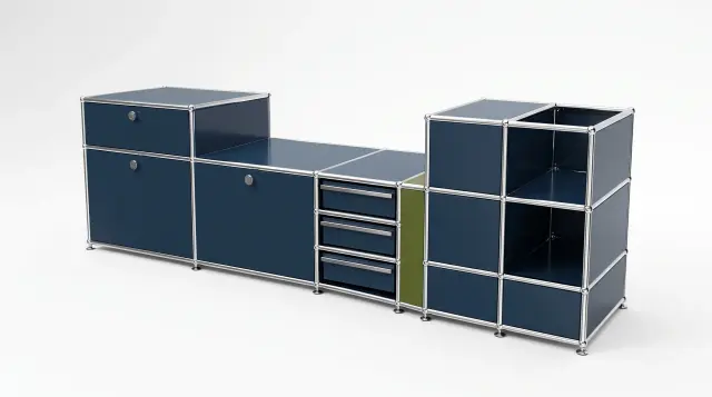 Sideboard in multiple colours, compatible with USM Haller – 1900 × 550 × 500 mm, 11 compartments, 2 drop-down doors, 1 pull-out shelf – photorealistic preview