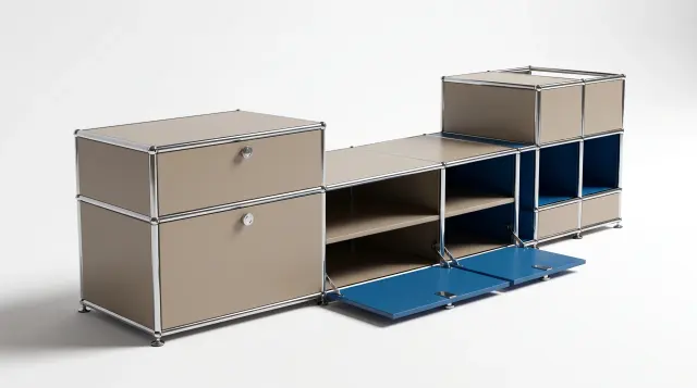 Sideboard in multiple colours, compatible with USM Haller – 1950 × 550 × 500 mm, 11 compartments, 3 drop-down doors, 1 pull-out shelf – photorealistic preview