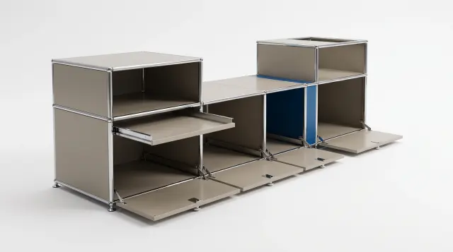Sideboard in multiple colours, compatible with USM Haller – 1950 × 550 × 500 mm, 11 compartments, 3 drop-down doors, 1 pull-out shelf – photorealistic preview