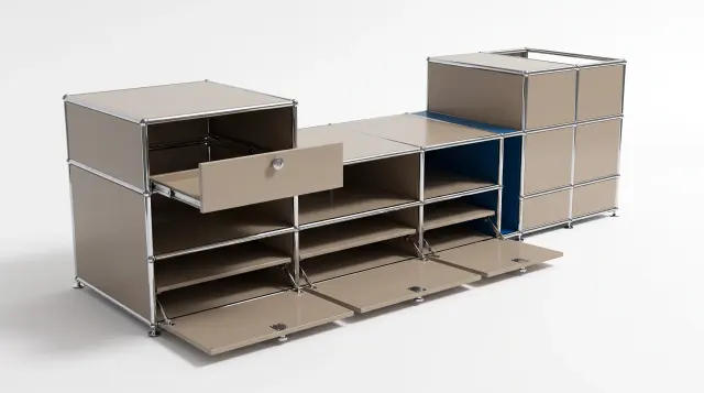 Sideboard in multiple colours, compatible with USM Haller – 1950 × 550 × 500 mm, 11 compartments, 3 drop-down doors, 1 pull-out shelf – photorealistic preview
