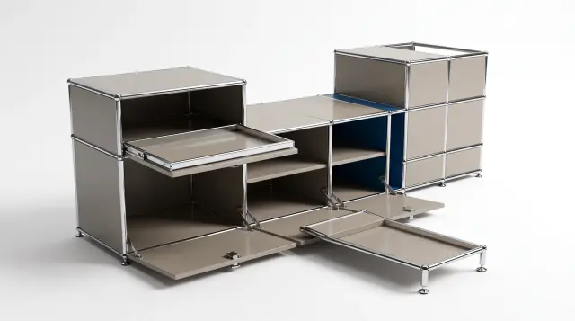 Sideboard in multiple colours, compatible with USM Haller – 1950 × 550 × 500 mm, 11 compartments, 3 drop-down doors, 1 pull-out shelf – photorealistic preview