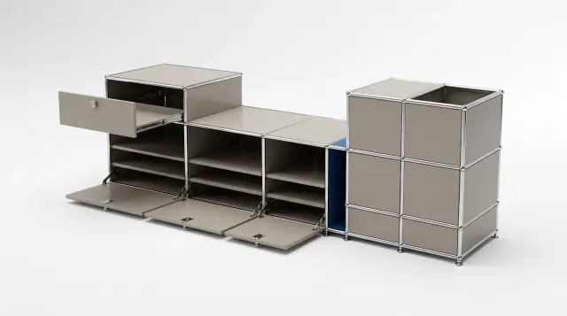Sideboard in multiple colours, compatible with USM Haller – 1950 × 550 × 500 mm, 11 compartments, 3 drop-down doors, 1 pull-out shelf – photorealistic preview