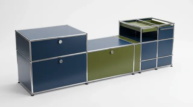 Sideboard in multiple colours, compatible with USM Haller – 1795 × 550 × 500 mm, 11 compartments, 3 drop-down doors, 1 pull-out shelf – photorealistic preview