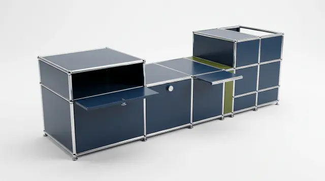 Sideboard in multiple colours, compatible with USM Haller – 1795 × 550 × 500 mm, 11 compartments, 3 drop-down doors, 1 pull-out shelf – photorealistic preview
