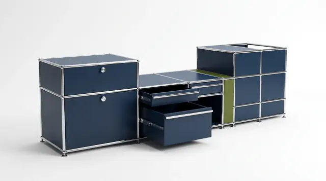 Sideboard in multiple colours, compatible with USM Haller – 1795 × 550 × 500 mm, 11 compartments, 3 drop-down doors, 1 pull-out shelf – photorealistic preview