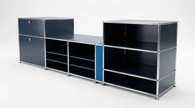 Sideboard in multiple colours, compatible with USM Haller – 1800 × 550 × 500 mm, 8 compartments, 2 drop-down doors – photorealistic preview
