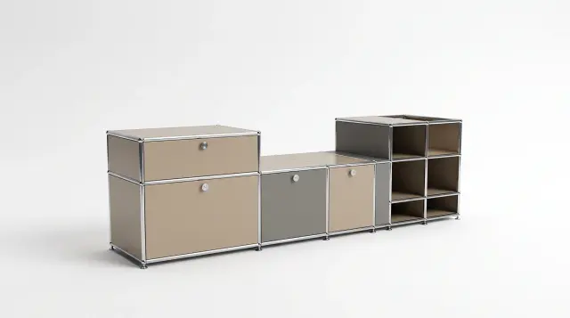 Sideboard in multiple colours, compatible with USM Haller – 1890 × 550 × 500 mm, 11 compartments, 3 drop-down doors, 1 pull-out shelf – photorealistic preview