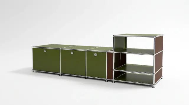 Sideboard in multiple colours, compatible with USM Haller – 1795 × 550 × 500 mm, 7 compartments, 3 drop-down doors – photorealistic preview