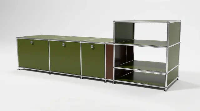 Sideboard in multiple colours, compatible with USM Haller – 1795 × 550 × 500 mm, 7 compartments, 3 drop-down doors – photorealistic preview