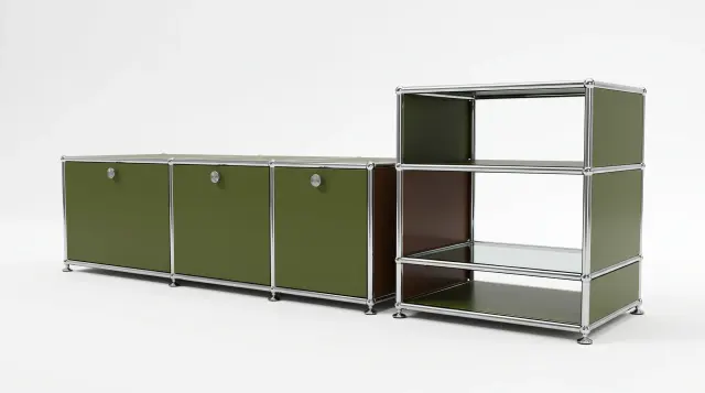 Sideboard in multiple colours, compatible with USM Haller – 1795 × 550 × 500 mm, 7 compartments, 3 drop-down doors – photorealistic preview