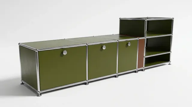 Sideboard in multiple colours, compatible with USM Haller – 1795 × 550 × 500 mm, 7 compartments, 3 drop-down doors – photorealistic preview