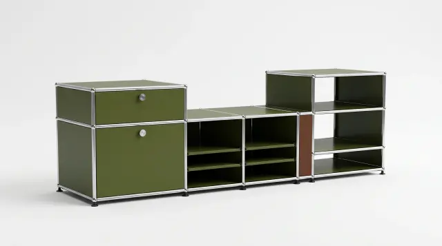 Sideboard in multiple colours, compatible with USM Haller – 1800 × 550 × 500 mm, 8 compartments, 1 drop-down door, 1 pull-out shelf – photorealistic preview