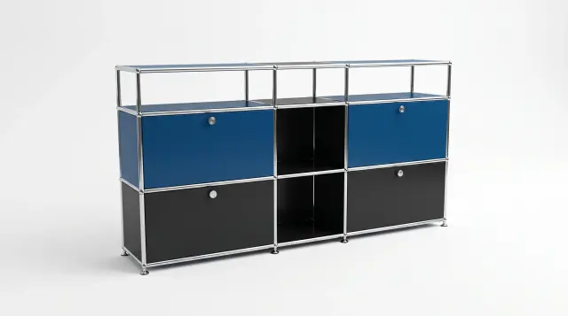 Sideboard in multiple colours, compatible with USM Haller – 1850 × 875 × 350 mm, 9 compartments, 4 drop-down doors – photorealistic preview