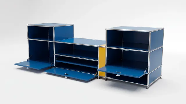 Sideboard in multiple colours, compatible with USM Haller – 1850 × 550 × 500 mm, 7 compartments, 1 drop-down door, 1 pull-out shelf – photorealistic preview