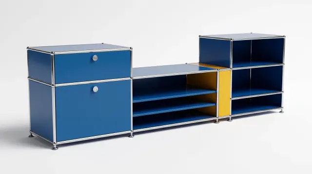 Sideboard in multiple colours, compatible with USM Haller – 1850 × 550 × 500 mm, 7 compartments, 1 drop-down door, 1 pull-out shelf – photorealistic preview