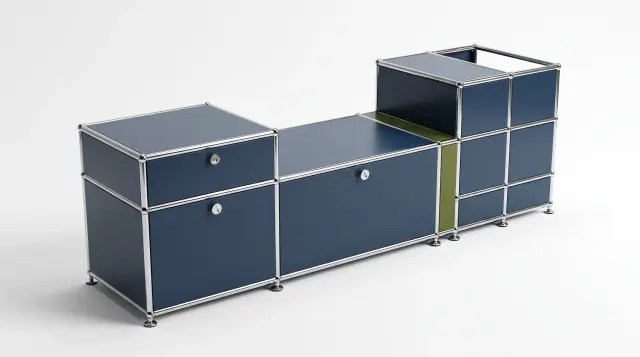 Sideboard in multiple colours, compatible with USM Haller – 1850 × 550 × 500 mm, 10 compartments, 2 drop-down doors, 1 pull-out shelf – photorealistic preview