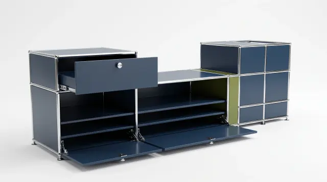Sideboard in multiple colours, compatible with USM Haller – 1850 × 550 × 500 mm, 10 compartments, 2 drop-down doors, 1 pull-out shelf – photorealistic preview