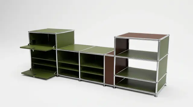 Sideboard in multiple colours, compatible with USM Haller – 1800 × 550 × 500 mm, 8 compartments, 2 drop-down doors – photorealistic preview