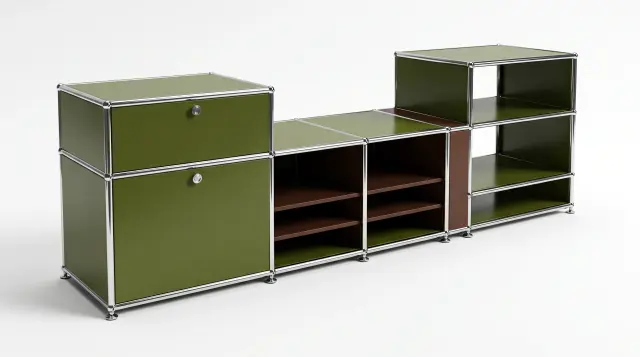 Sideboard in multiple colours, compatible with USM Haller – 1800 × 550 × 500 mm, 8 compartments, 2 drop-down doors – photorealistic preview