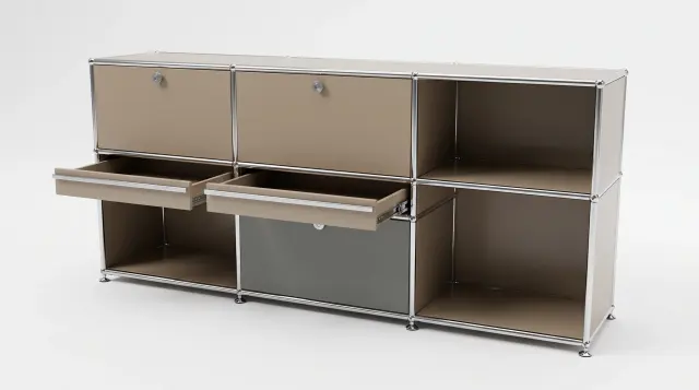 Sideboard in multiple colours, compatible with USM Haller – 1890 × 550 × 500 mm, 11 compartments, 3 drop-down doors, 1 pull-out shelf – photorealistic preview
