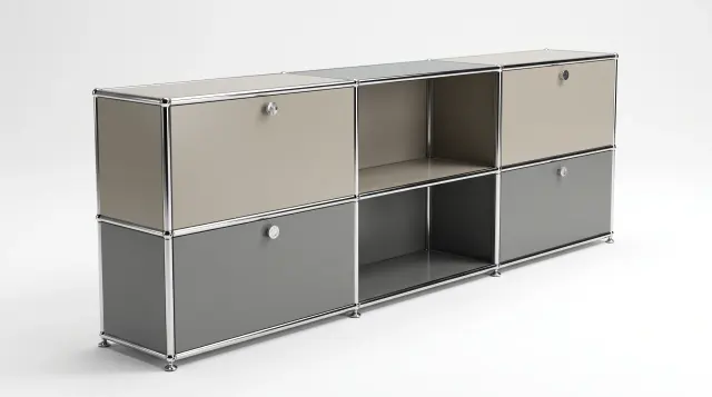 Sideboard in multiple colours, compatible with USM Haller – 1890 × 550 × 500 mm, 11 compartments, 3 drop-down doors, 1 pull-out shelf – photorealistic preview