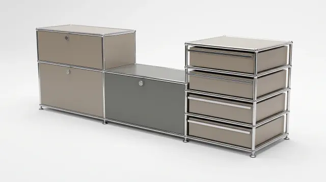 Sideboard in multiple colours, compatible with USM Haller – 1890 × 550 × 500 mm, 11 compartments, 3 drop-down doors, 1 pull-out shelf – photorealistic preview