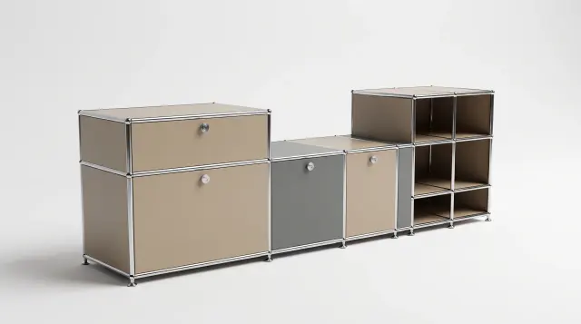 Sideboard in multiple colours, compatible with USM Haller – 1890 × 550 × 500 mm, 11 compartments, 3 drop-down doors, 1 pull-out shelf – photorealistic preview