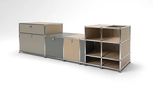 Sideboard in multiple colours, compatible with USM Haller – 1890 × 550 × 500 mm, 11 compartments, 3 drop-down doors, 1 pull-out shelf – photorealistic preview