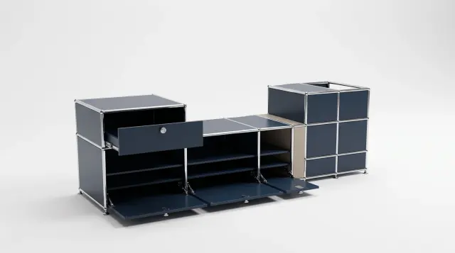 Sideboard in multiple colours, compatible with USM Haller – 1850 × 550 × 500 mm, 11 compartments, 3 drop-down doors, 1 pull-out shelf – photorealistic preview