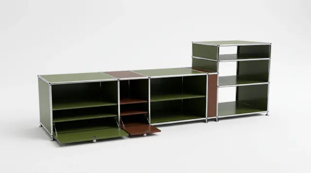 Sideboard in mehreren Farben, kompatibel mit USM Haller – 1850 × 575 × 500 mm, 7 Fächer, 2 Klapptüren – fotorealistische Vorschau