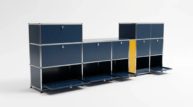 Sideboard in multiple colours, compatible with USM Haller – 1770 × 550 × 500 mm, 11 compartments, 3 drop-down doors, 1 pull-out shelf – photorealistic preview