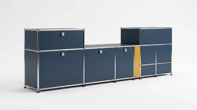 Sideboard in multiple colours, compatible with USM Haller – 1770 × 550 × 500 mm, 11 compartments, 3 drop-down doors, 1 pull-out shelf – photorealistic preview