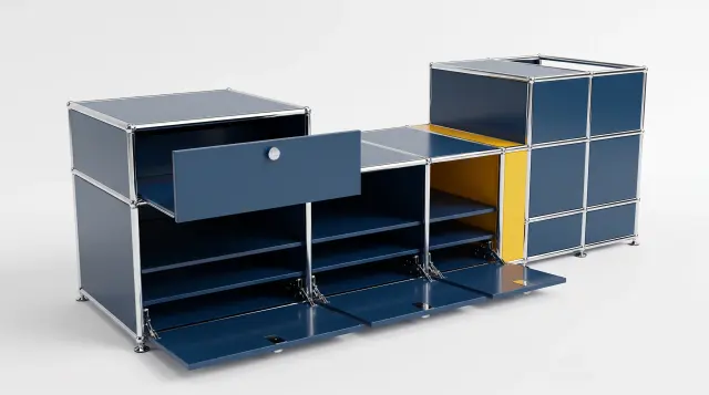 Sideboard in multiple colours, compatible with USM Haller – 1770 × 550 × 500 mm, 11 compartments, 3 drop-down doors, 1 pull-out shelf – photorealistic preview