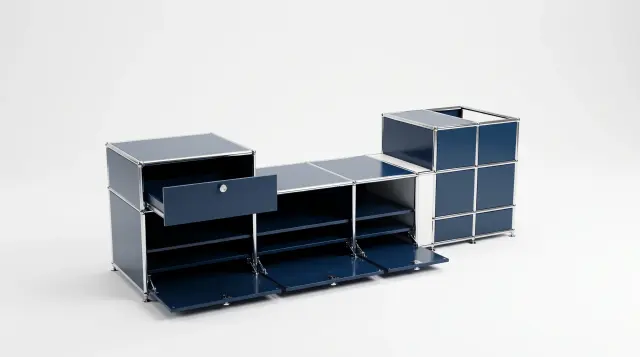 Sideboard in multiple colours, compatible with USM Haller – 1950 × 550 × 500 mm, 11 compartments, 3 drop-down doors, 1 pull-out shelf – photorealistic preview