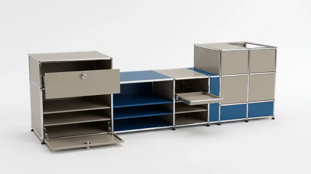 Sideboard in multiple colours, compatible with USM Haller – 1900 × 550 × 500 mm, 11 compartments, 1 drop-down door, 1 pull-out shelf – photorealistic preview