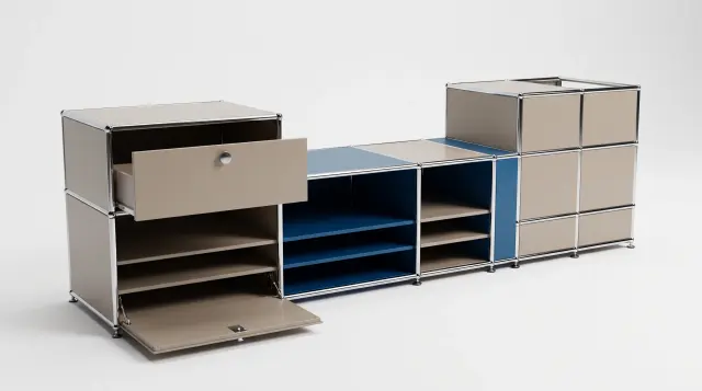 Sideboard in multiple colours, compatible with USM Haller – 1900 × 550 × 500 mm, 11 compartments, 1 drop-down door, 1 pull-out shelf – photorealistic preview