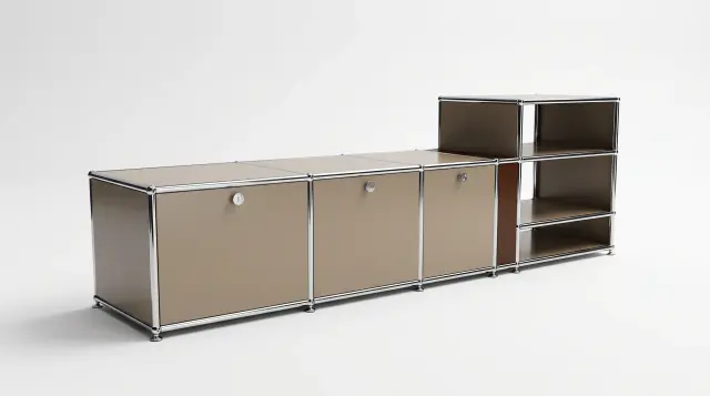 Sideboard in multiple colours, compatible with USM Haller – 1795 × 550 × 500 mm, 7 compartments, 3 drop-down doors – photorealistic preview