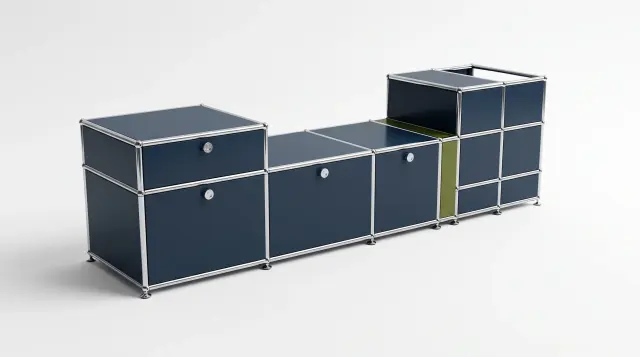 Sideboard in multiple colours, compatible with USM Haller – 1950 × 550 × 500 mm, 11 compartments, 3 drop-down doors, 1 pull-out shelf – photorealistic preview