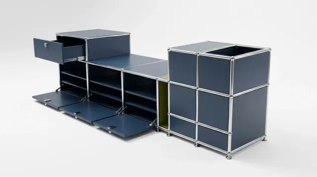 Sideboard in multiple colours, compatible with USM Haller – 1950 × 550 × 500 mm, 11 compartments, 3 drop-down doors, 1 pull-out shelf – photorealistic preview