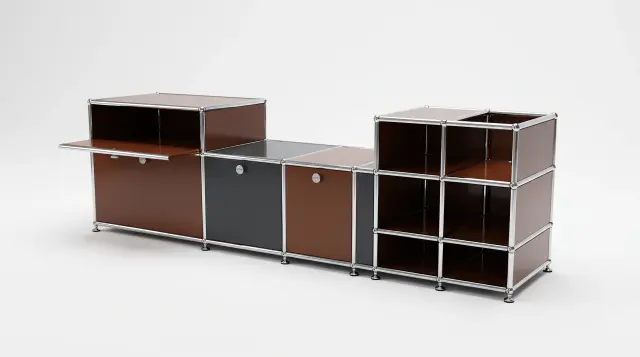 Sideboard in multiple colours, compatible with USM Haller – 1890 × 550 × 500 mm, 11 compartments, 3 drop-down doors, 1 pull-out shelf – photorealistic preview