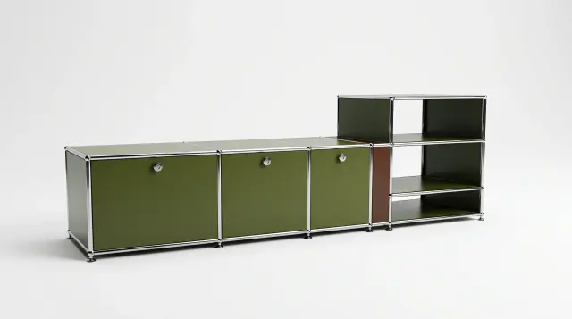 Sideboard in multiple colours, compatible with USM Haller – 1795 × 550 × 500 mm, 7 compartments, 3 drop-down doors – photorealistic preview