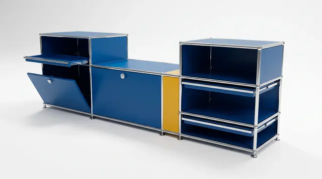 Sideboard in multiple colours, compatible with USM Haller – 1850 × 550 × 500 mm, 7 compartments, 2 drop-down doors, 1 pull-out shelf – photorealistic preview